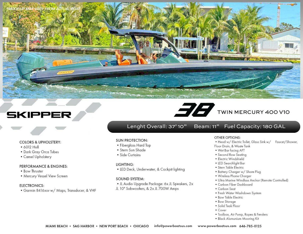 Skipper Green Hull / Camel Upholstery Yacht For Sale